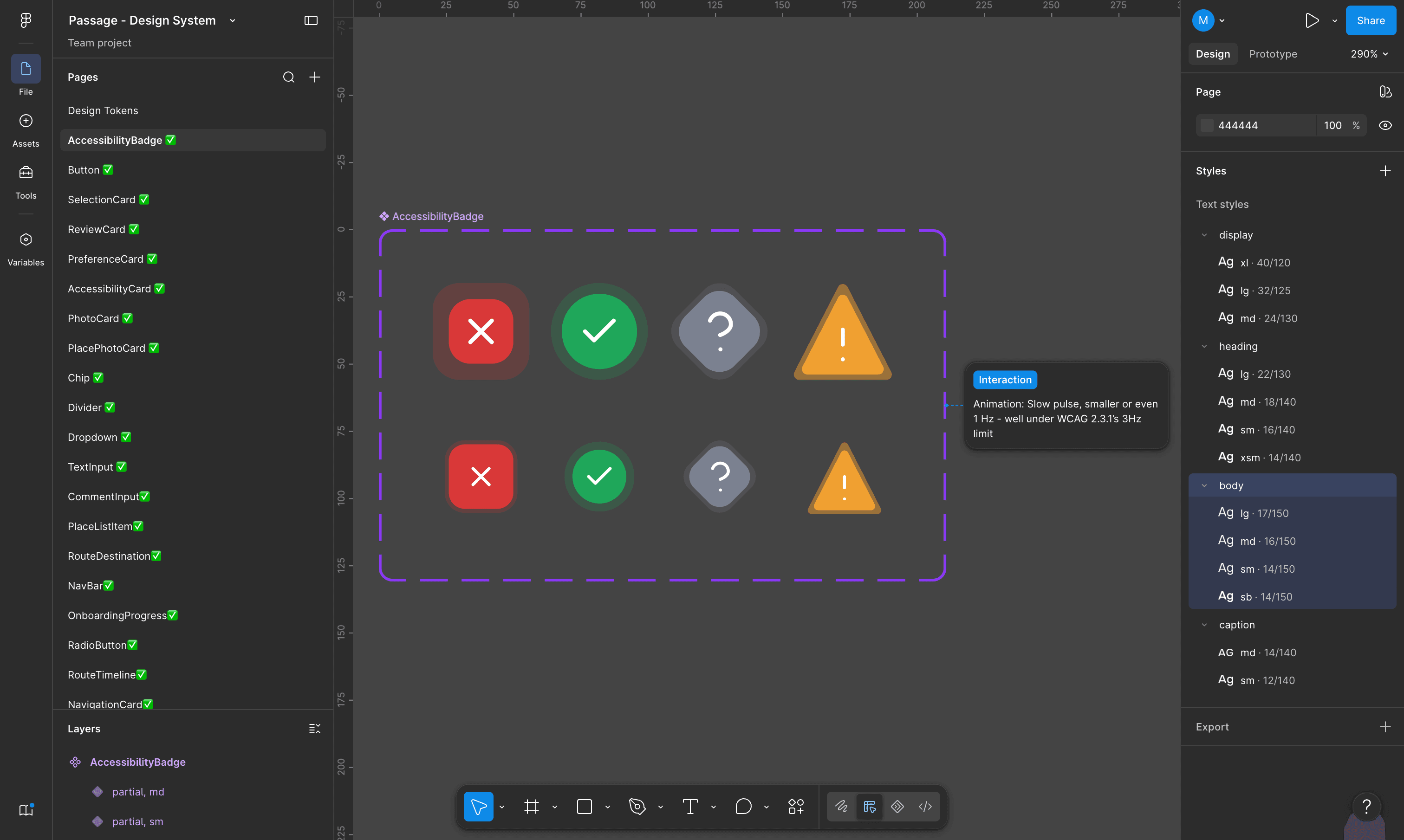 Passage design system in Figma showing colour, typography, and spacing tokens