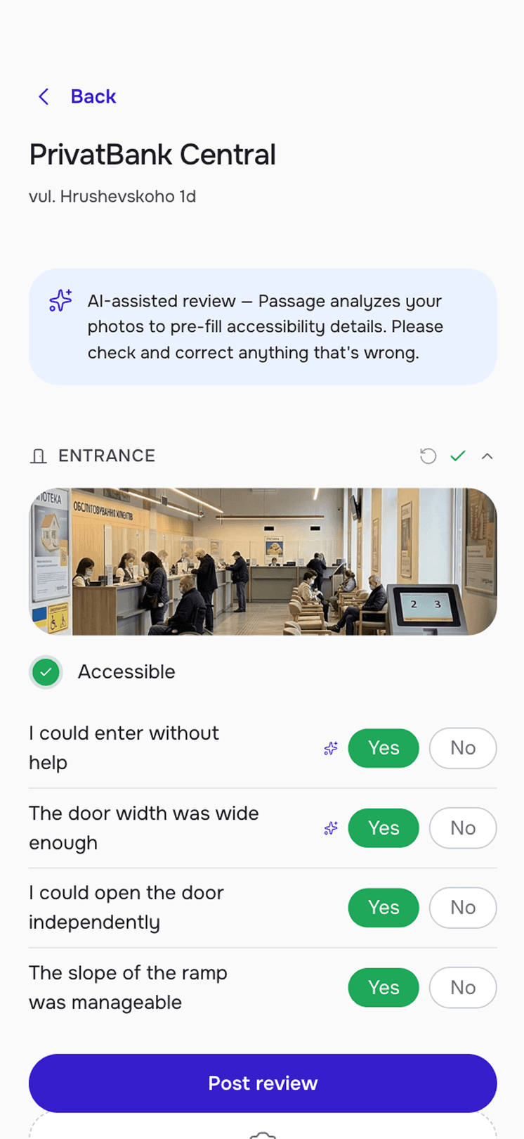 AI-assisted review screen for PrivatBank Central showing pre-filled yes/no accessibility questions with an AI assistance banner