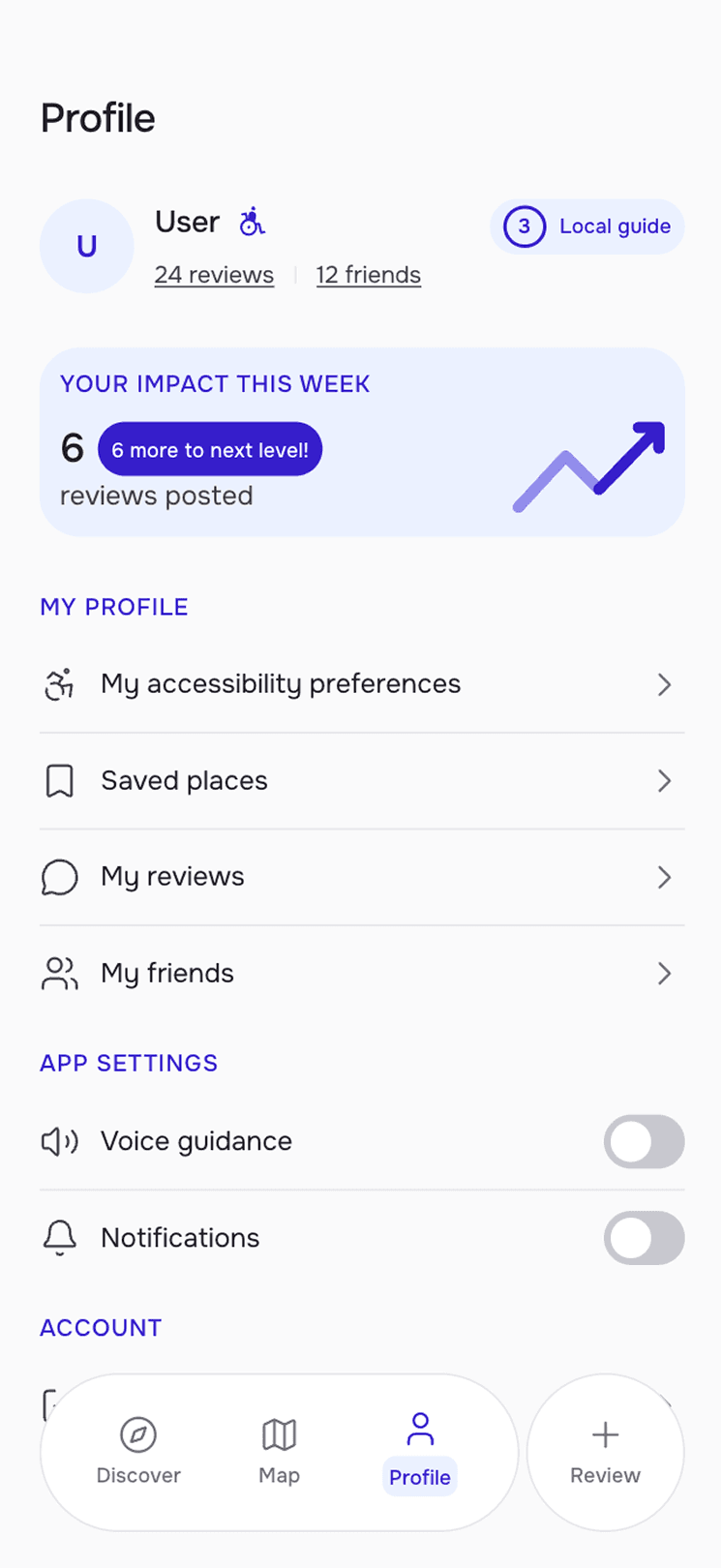 Profile screen showing review count, friend count, local guide level, and weekly contribution impact